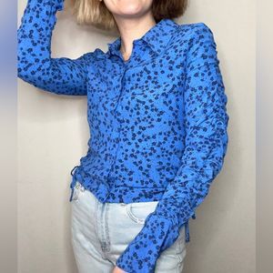 Zara Blue Floral Cinched Sleeved Blouse with Ties